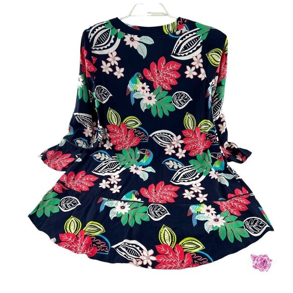 crown & ivy Women's Swing Dress size PS Petite Small Bell Sleeves Floral Parrots - Picture 2 of 5